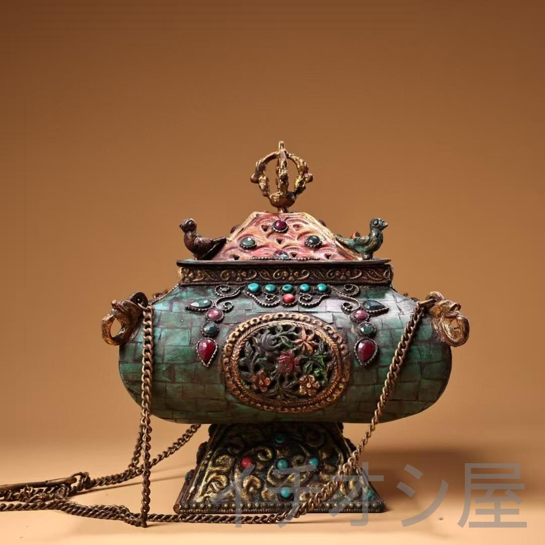 中国古美術 旧藏 西藏 仏教 銅製 吊香炉 彩绘描金 宝石嵌 藏伝