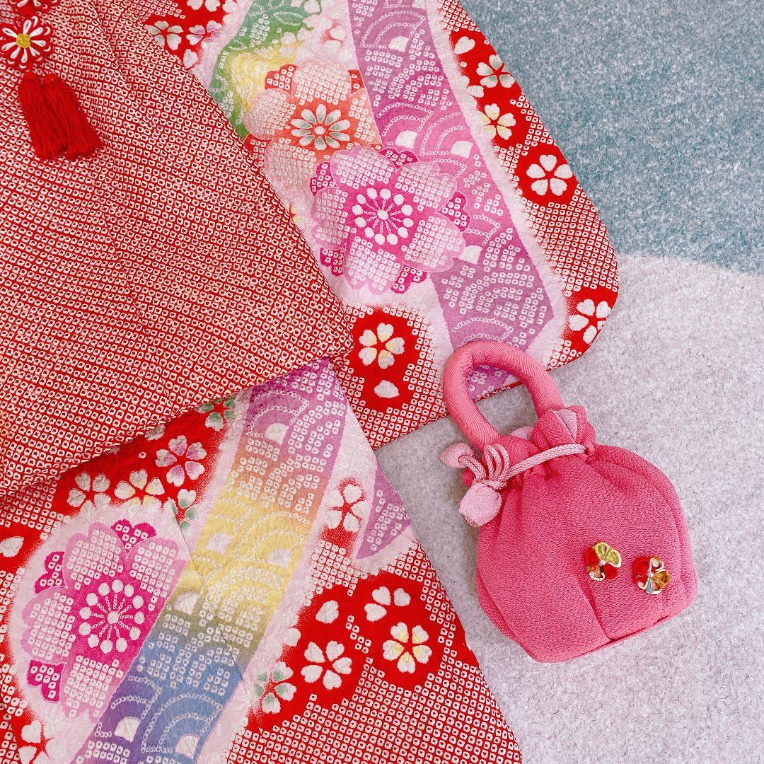 七五三 3歳 正絹 総絞り 被布 着物 バッグ 草履 髪飾り セット