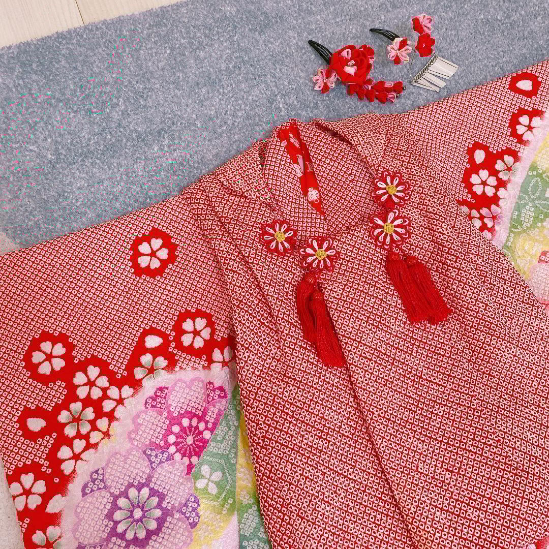 七五三 3歳 正絹 総絞り 被布 着物 バッグ 草履 髪飾り セット