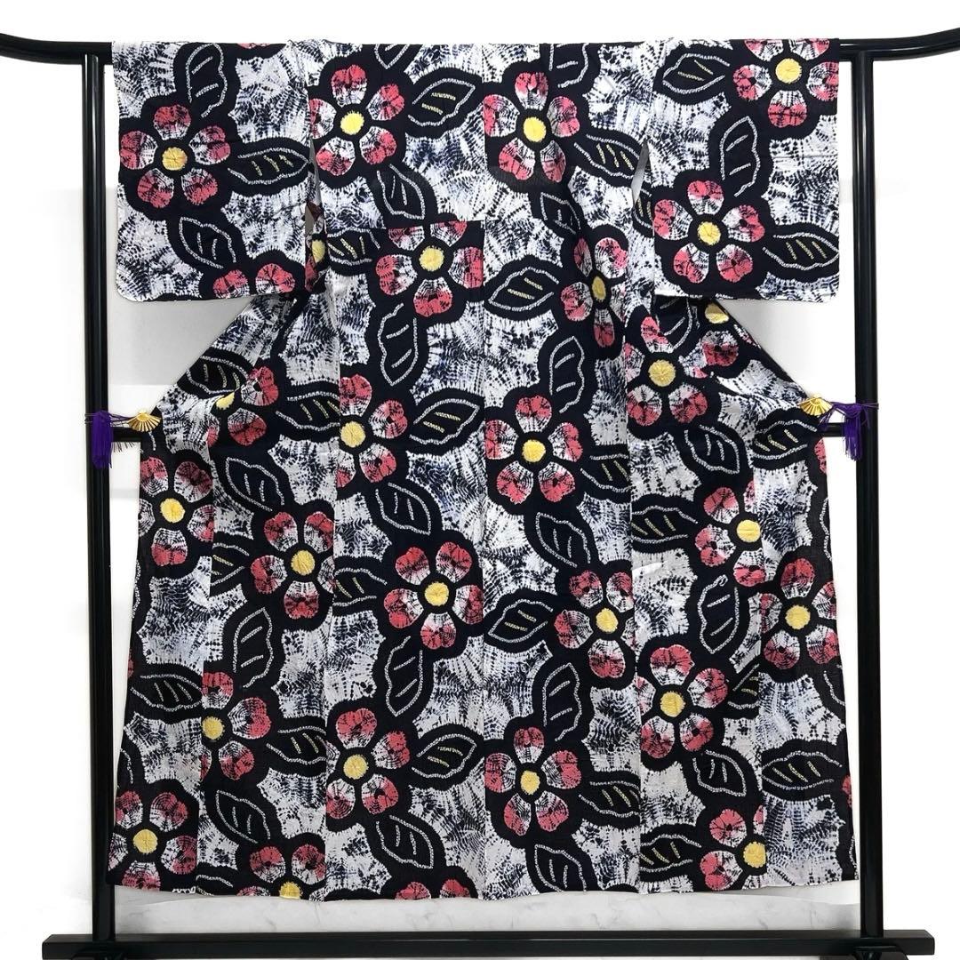 浴衣　有松鳴海絞り　花模様　リーフ 板締め　藍染　着物　063a d