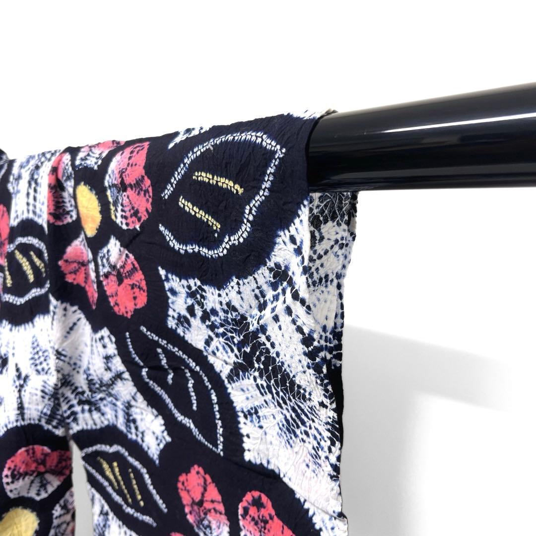 浴衣　有松鳴海絞り　花模様　リーフ 板締め　藍染　着物　063a d
