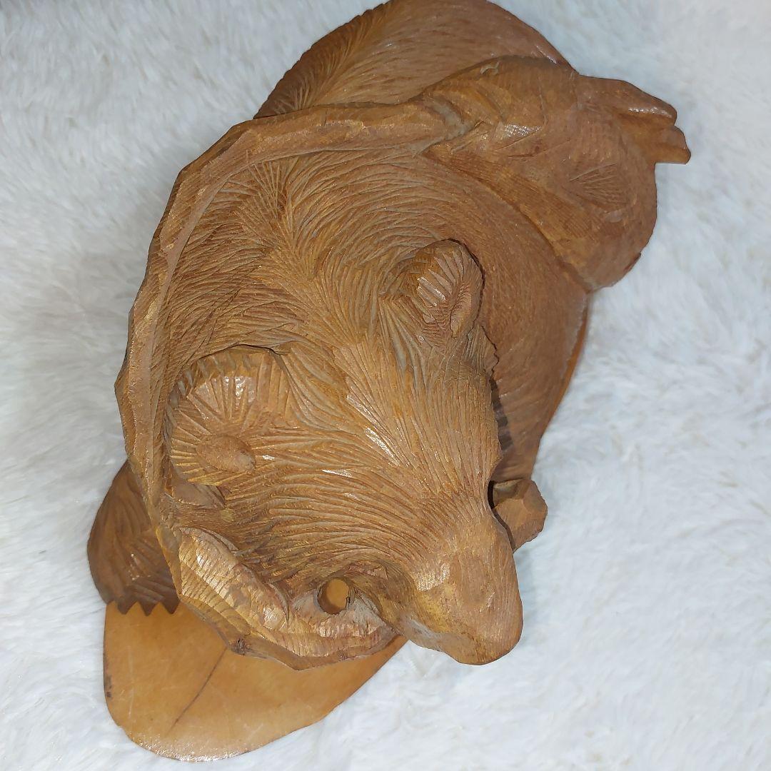 希少】70年代 鮭背負い熊 釣竿くわえ 木彫りの熊 一刀彫 アイヌ民芸