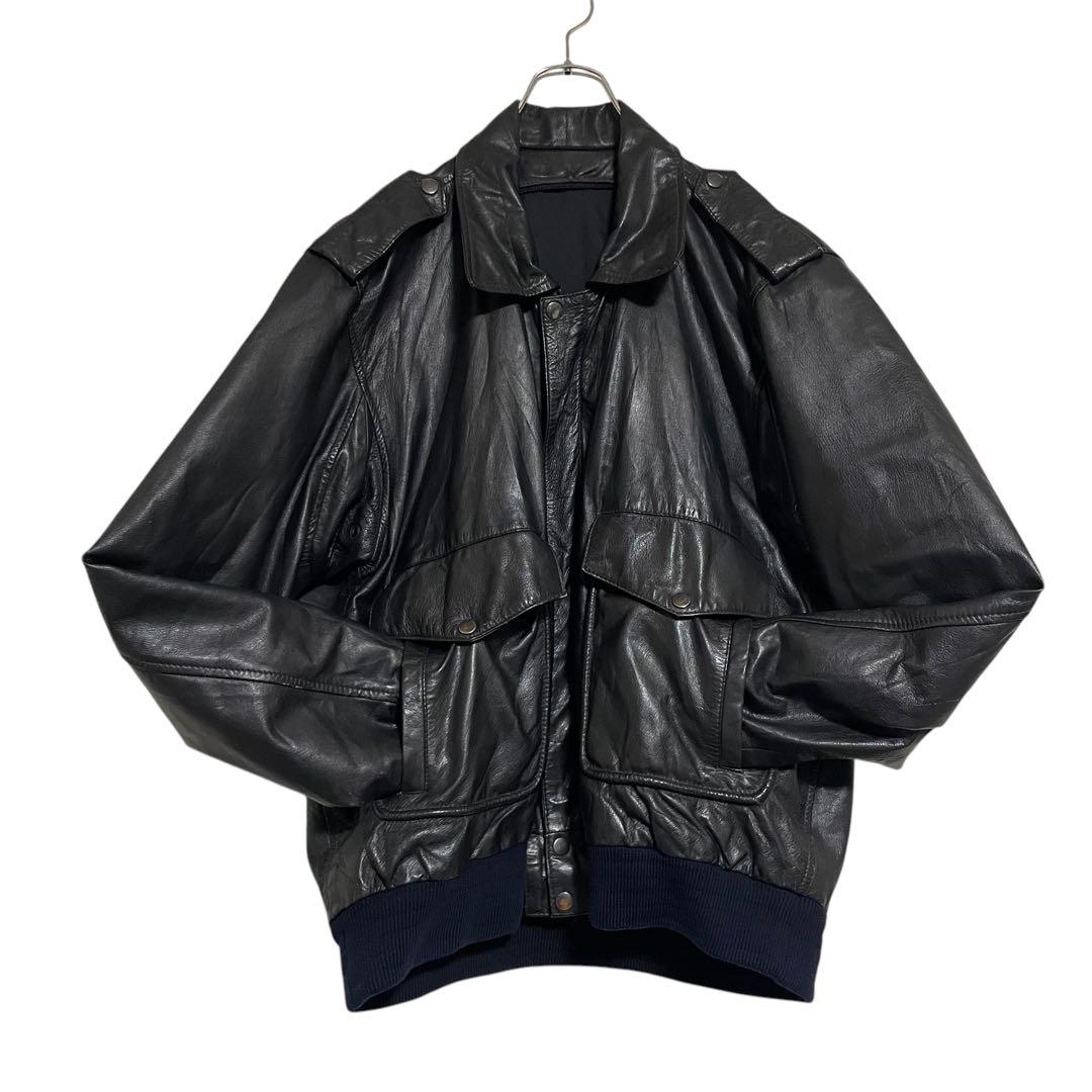 vintage】本革リアルレザーシングルライダースジャケット リブ切替 黒XL