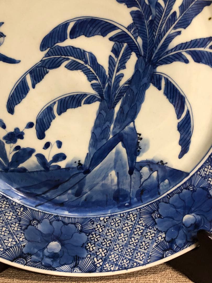 古染付大皿。蕉葉花鳥文。天保染付。江戸時代。美品。古美術。骨董品。舊家藏出。