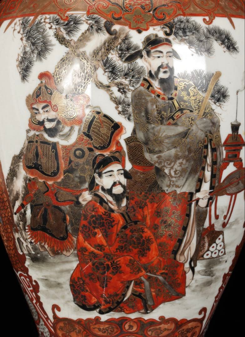 九谷焼 大日本九谷造】金襴手赤絵金彩 龍双耳飾壺 花瓶 人物
