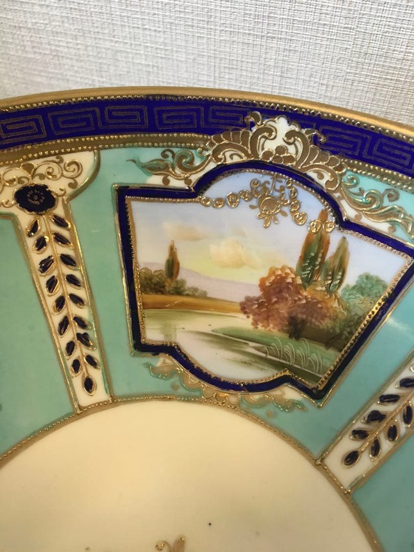 オールドノリタケ金盛上げ河畔風景紋図両耳飾り大鉢