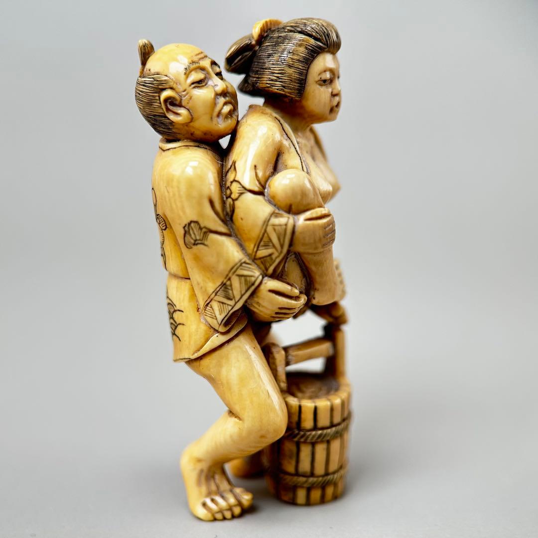 浮世絵二人の人物像 彫刻極上根付天然素材アンティーク骨董飾り物古美術