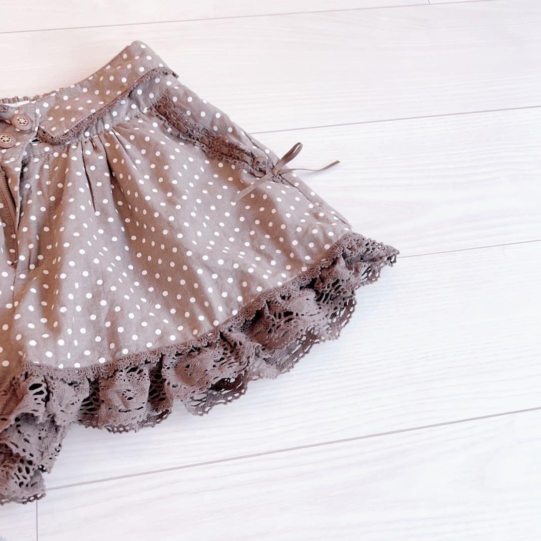 リズリサ ダークブラウン ドット柄 レースフリル キュロット