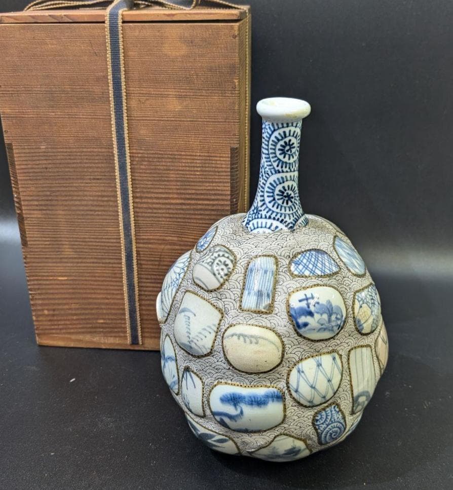 有田焼 古伊万里 古染付 陶片張 蛸唐草文 陶片 大徳利 酒器 花瓶 時代物骨董 有田焼 古伊万里 古染付 陶片張 蛸唐草文 陶片 大徳利 器 花瓶 時代物