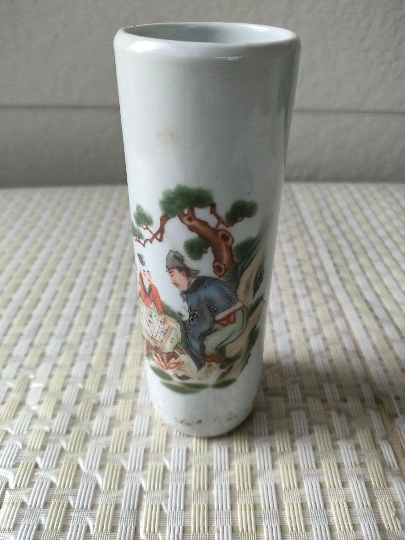 ○中国美術 人物文 陶磁 筆筒 朱印款 古陶磁 景徳鎮風 文人