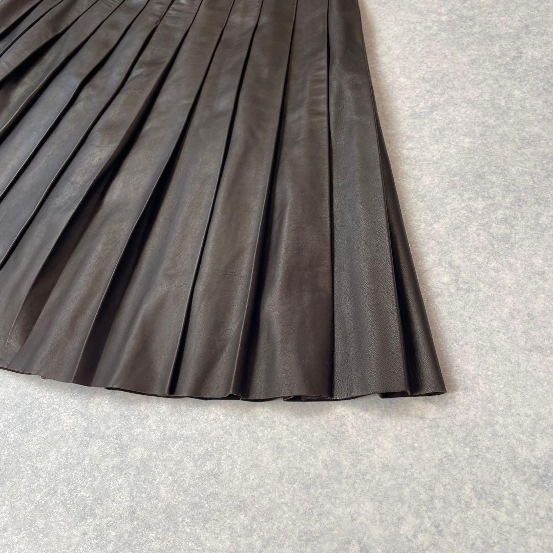 上質 バーバリー ロンドン ラムレザー プリーツスカート ダークブラウン UK6
