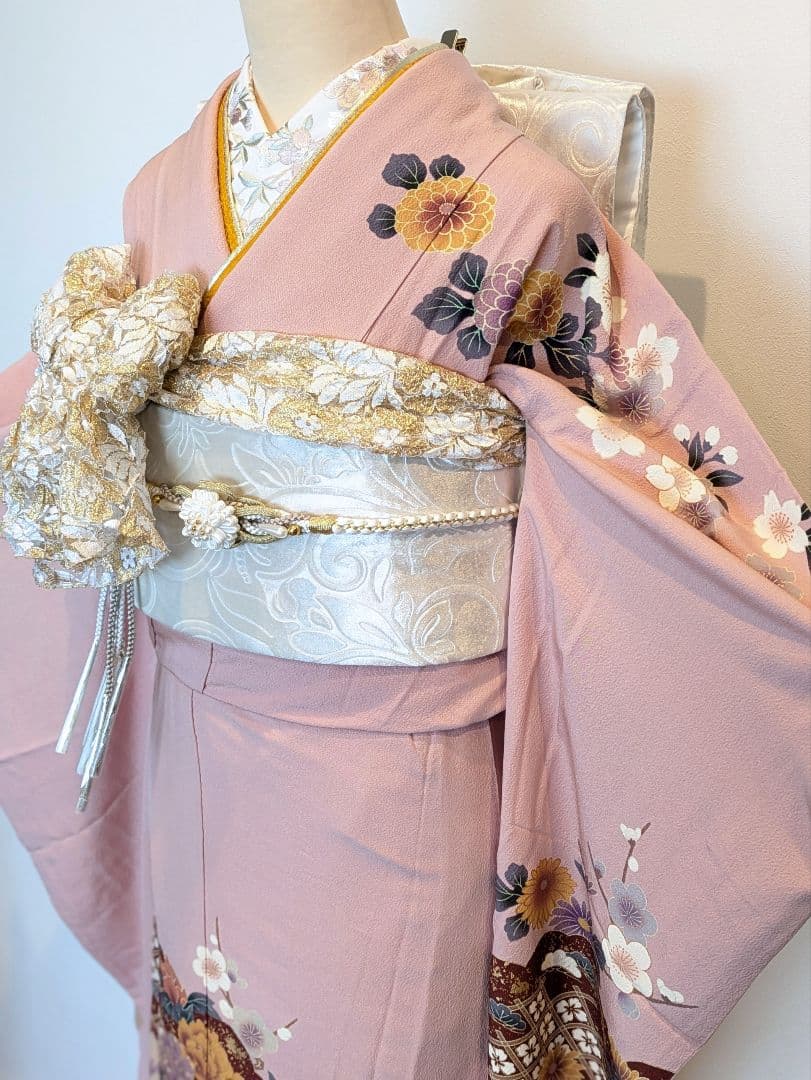 振袖フルセット(8点)・成人式・金彩加工・くすみ・ピンク・正絹・逸品