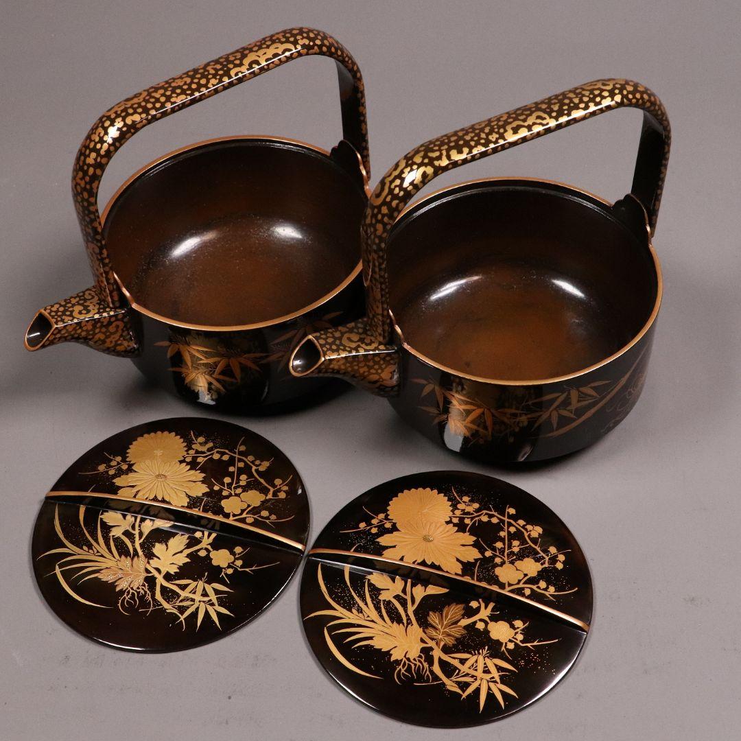 時代 四君子蒔絵 銚子 一対 天然木 草花 金蒔絵 黒塗 木製漆器【MA409】