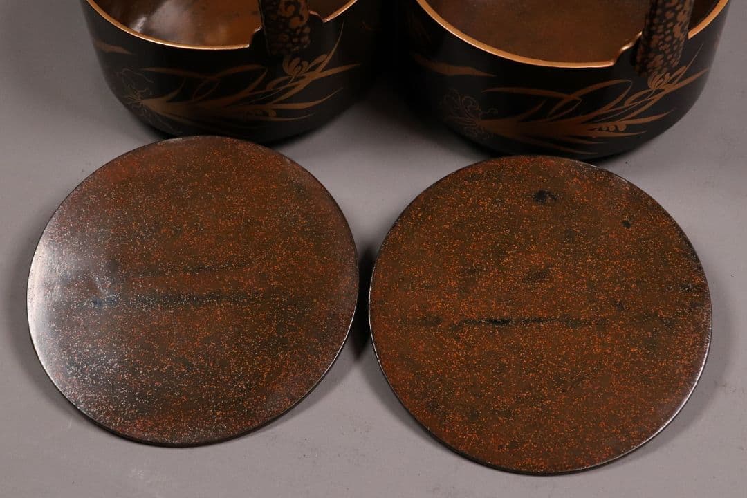 時代 四君子蒔絵 銚子 一対 天然木 草花 金蒔絵 黒塗 木製漆器【MA409】