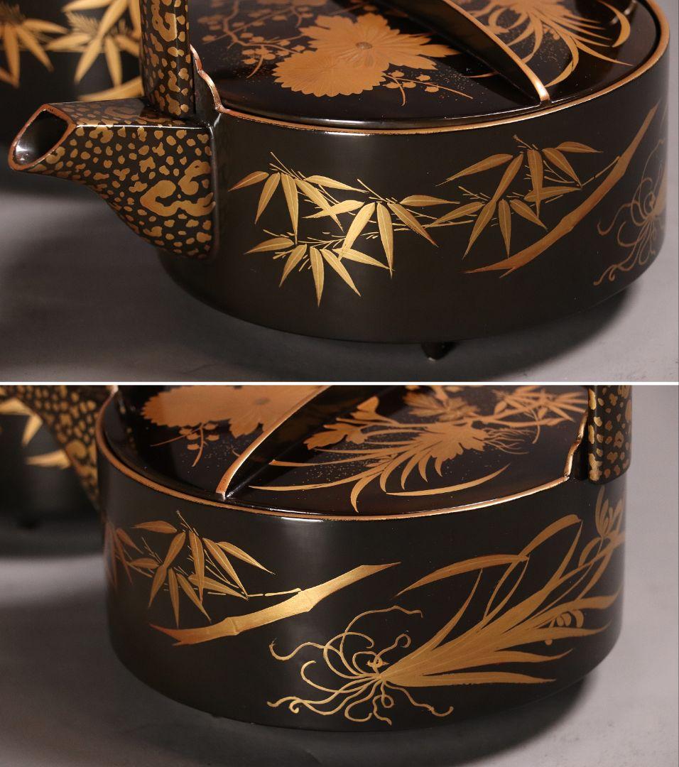 時代 四君子蒔絵 銚子 一対 天然木 草花 金蒔絵 黒塗 木製漆器【MA409】