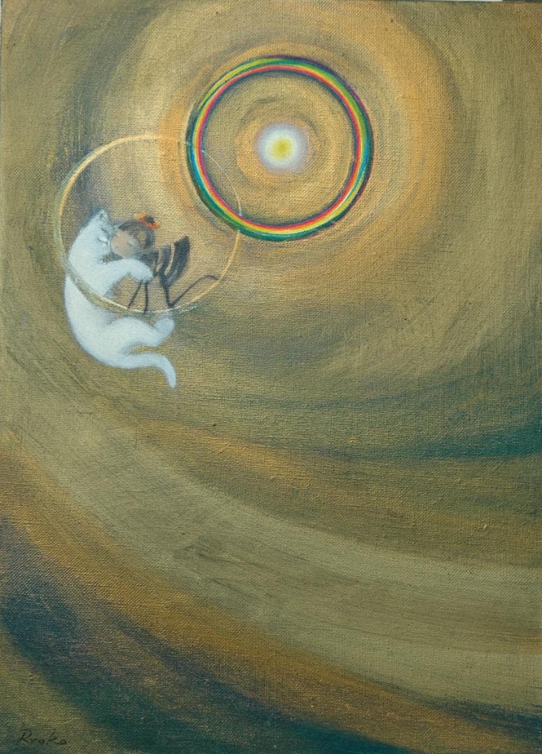 油絵 菅家令子絵 絵画インテリア額付(青緑＋金色の枠)F4-030119子猫犬子