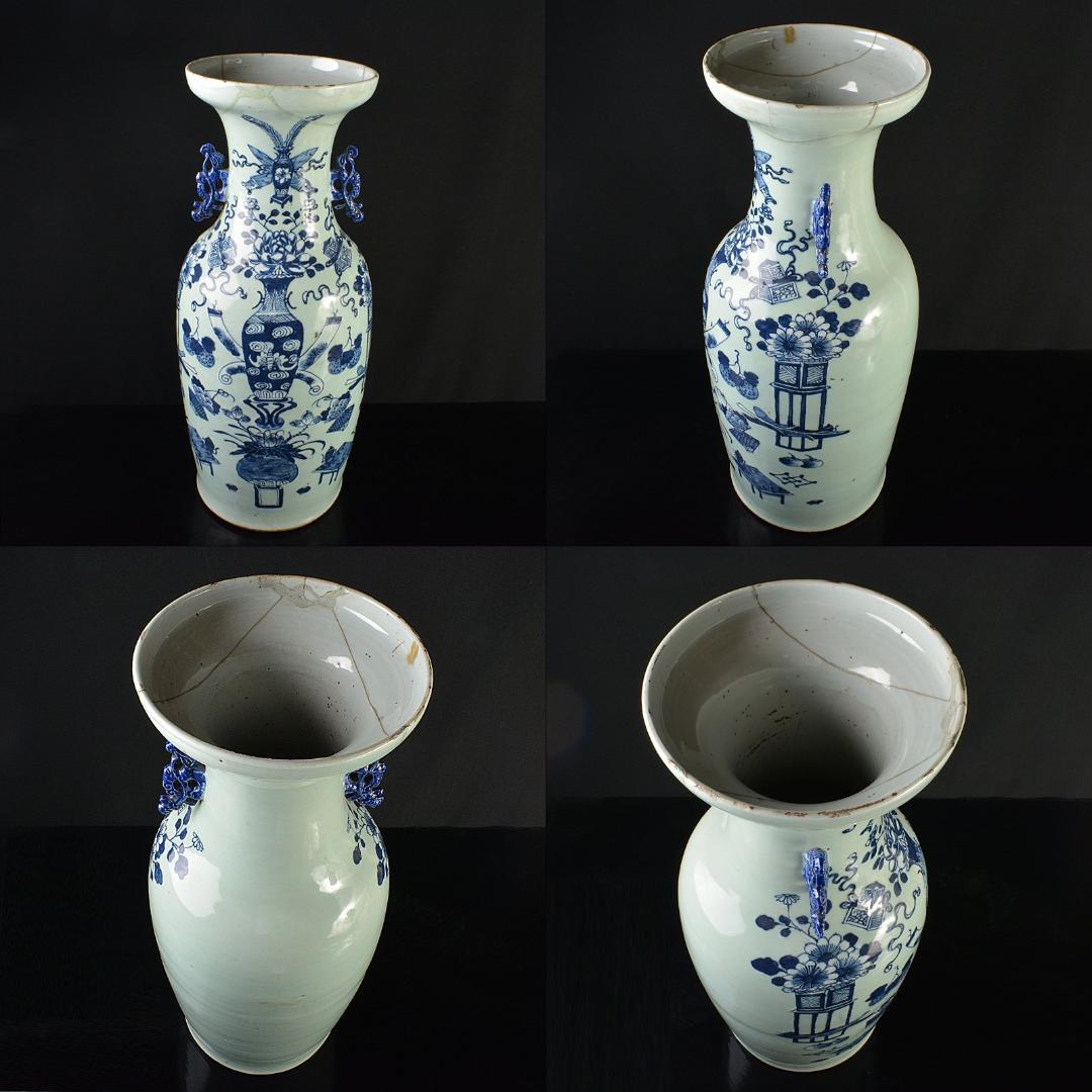 中国 青花 花瓶文 双耳盤口瓶 高さ約58.5cm M R6129F