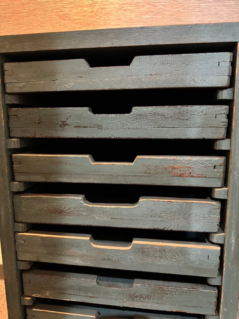 ビンテージ グリーン収納ボックス 木製10段引き出し レターケース 工具