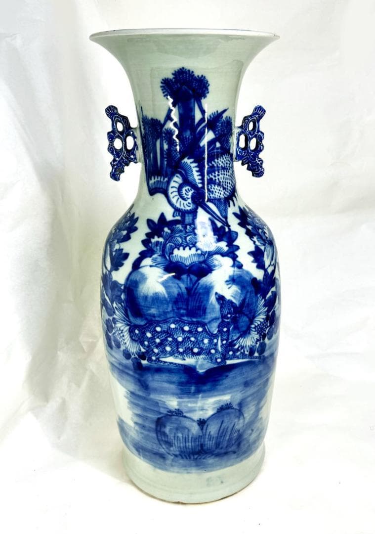 清時代中期 古染付 牡丹花鳥鹿紋様 磁器大花瓶 高さ58cm