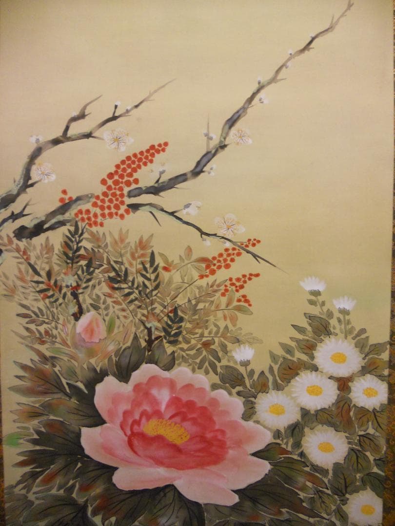 掛け軸 五郎 四季花 絹本 希少 軸装 茶道具 掛軸 美品 です。 掛け軸