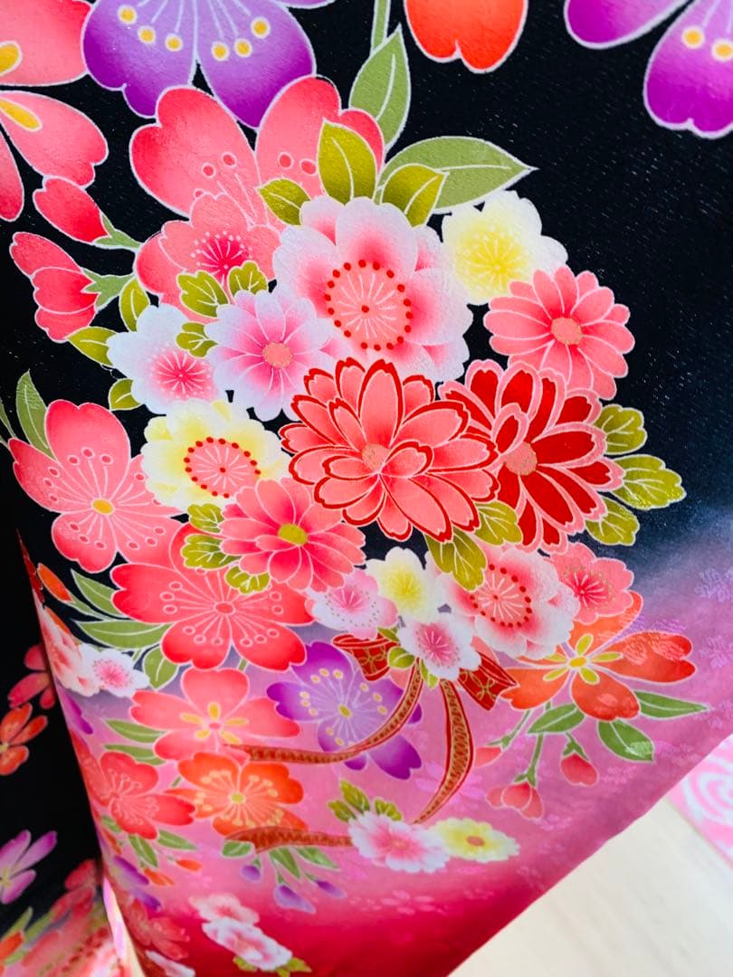 振袖 フルセット袷 正絹 銀通し 金駒刺繍 黒地 赤 ピンク 成人式 結婚