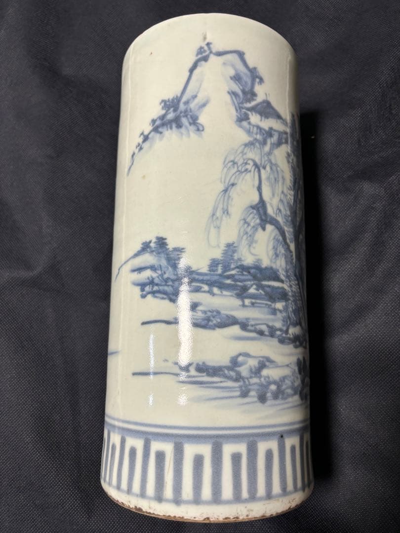 中国古美術 明清の時代　豆青釉　手絵青花花瓶　染付帽筒　筆筒　30cm