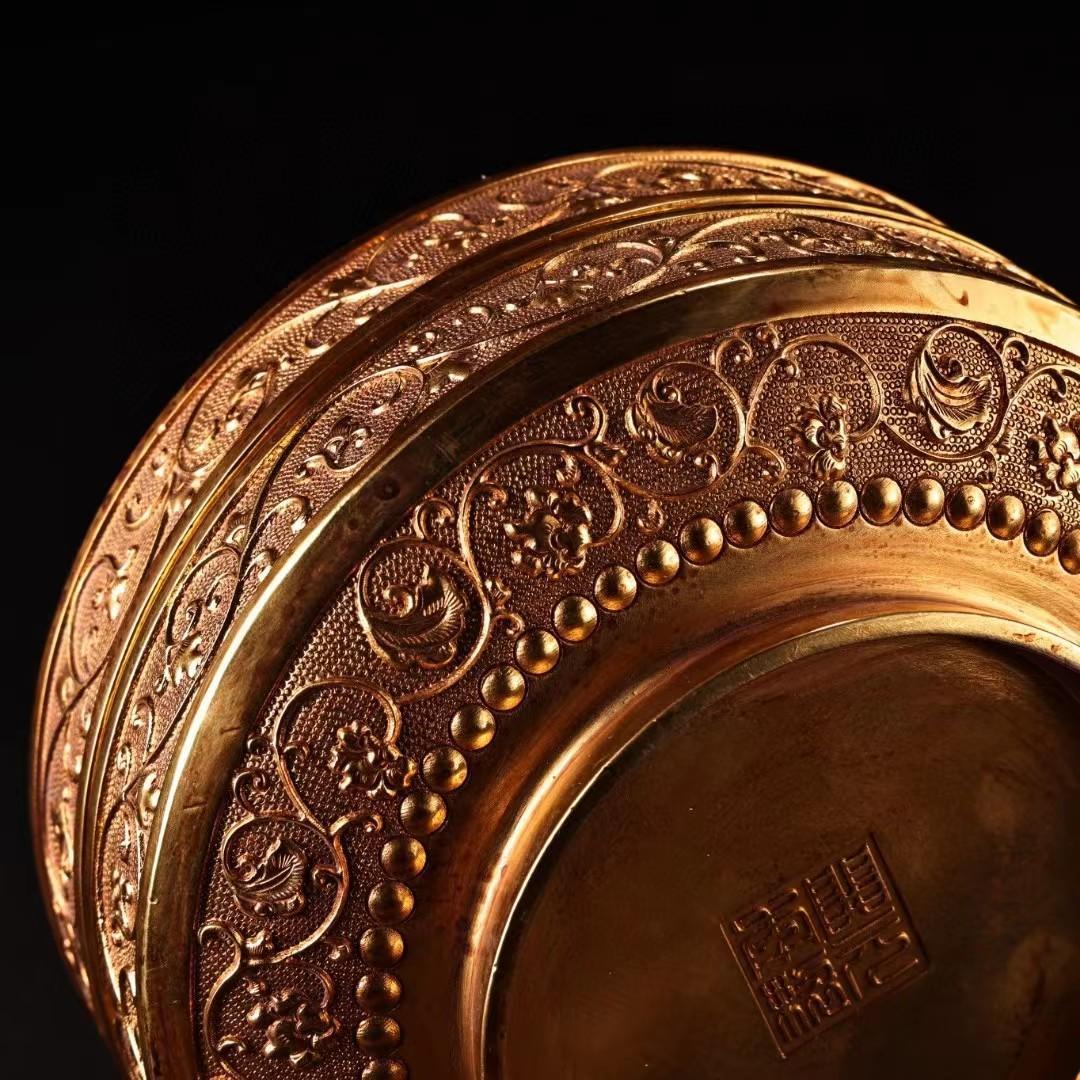 中国古美術・旧藏紫銅鎏金龍の首飾箱・細密彫・純手作り・高浮彫・文房