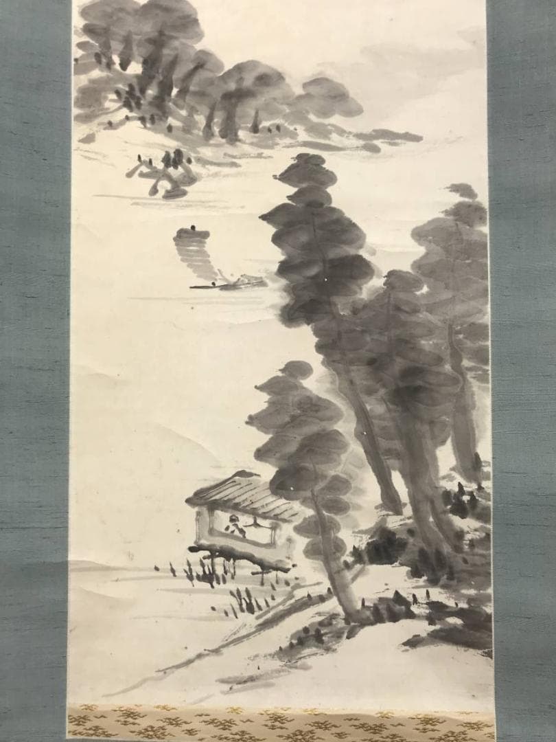 作者不詳/晴雲帰帆画賛/山水図/人物図/掛軸/名家伝来/AC-503