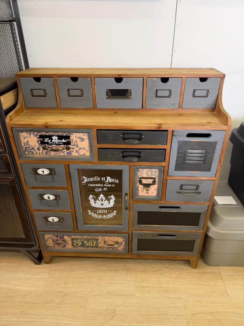 天然木 スチール キャビネット インダストリアル チェスト 引出 レトロ 棚