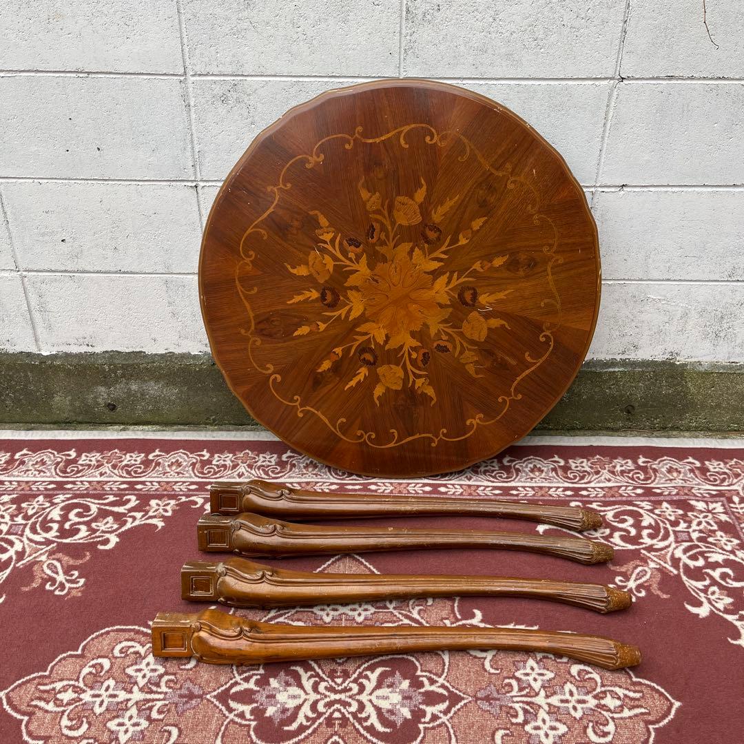 ビンテージ古家具◾️象嵌デザイン×猫脚 ラウンドテーブル 丸テーブル