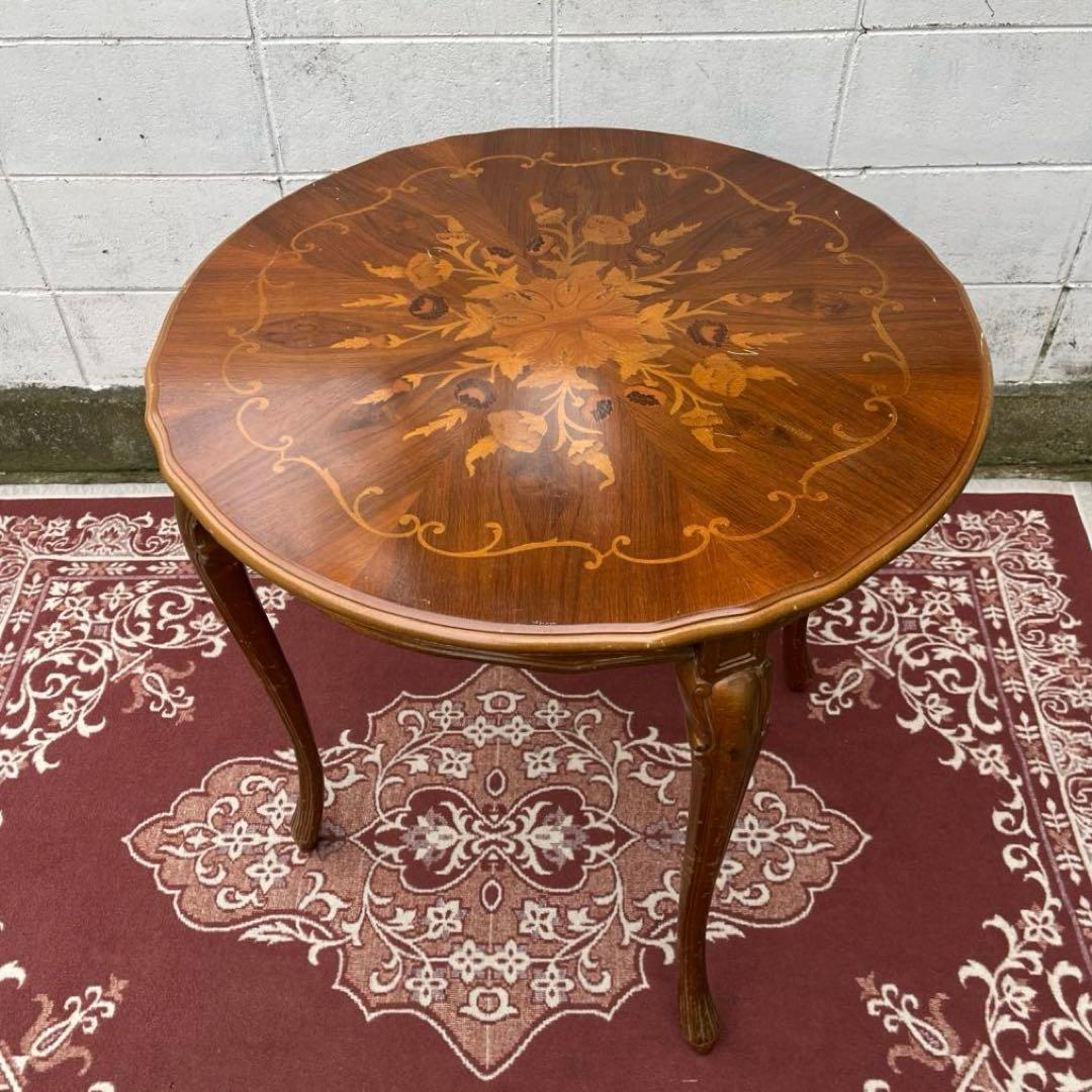 ビンテージ古家具◾️象嵌デザイン×猫脚 ラウンドテーブル 丸テーブル