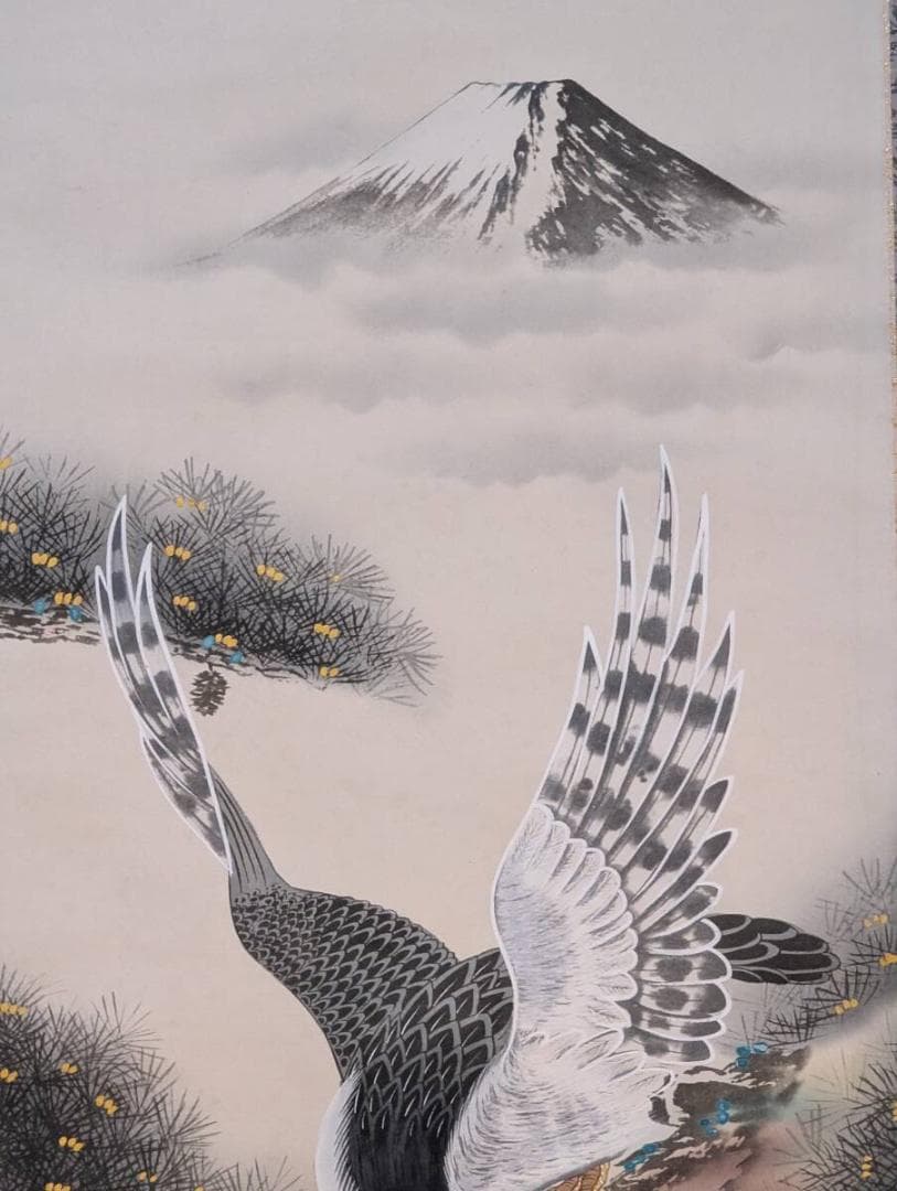 真作】掛軸 高橋栖峰 富士と鷹の図 格調高い日本画 吉祥