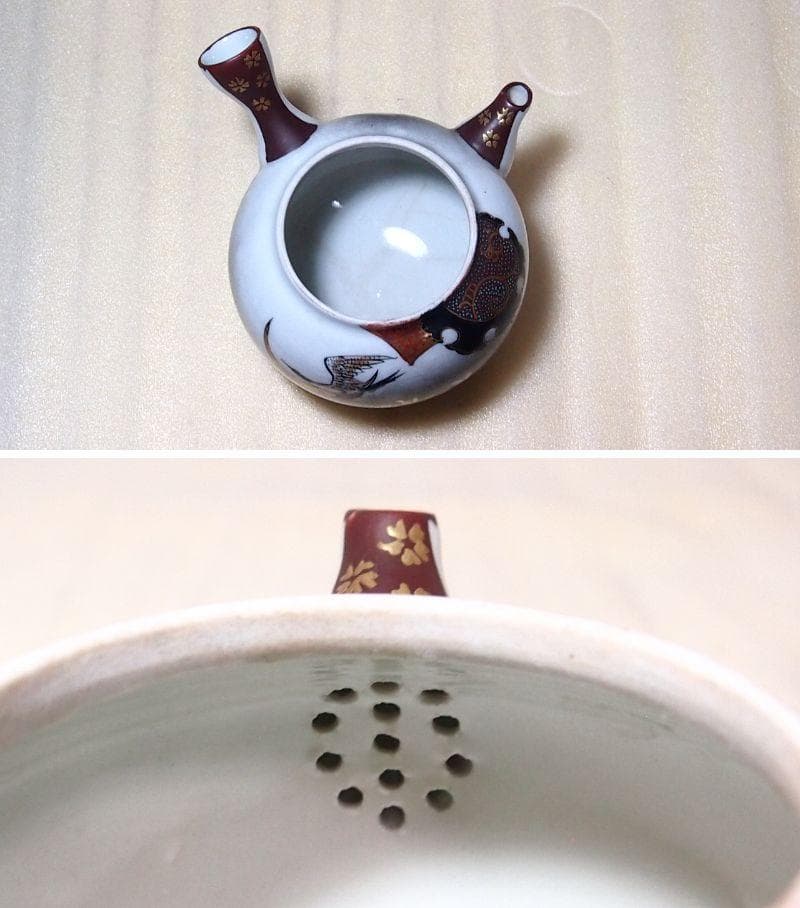 骨董・時代の美品】九谷焼 茶器揃 5客 湯呑茶碗/湯冷まし/急須 鶴/花/