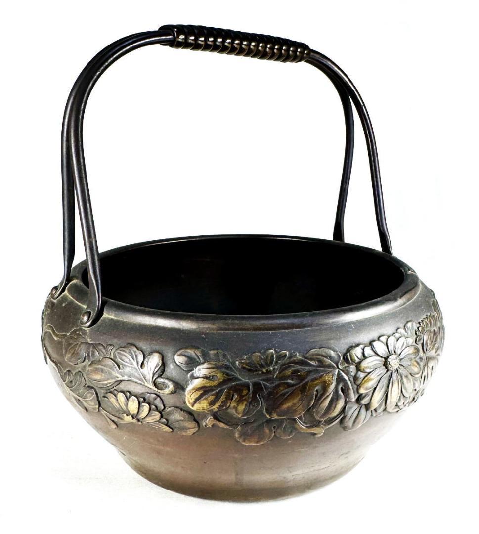 明治時代京都 森田山陽作 古銅花文提梁花器 在銘 古美術 ウブ品 WWST027