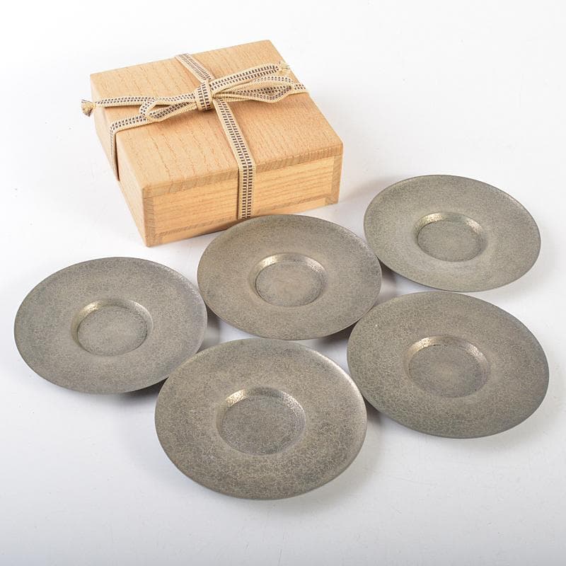 taka　竹影堂榮眞造　唐物錫円式茶托五客　依求晃写　共箱　M　R7347