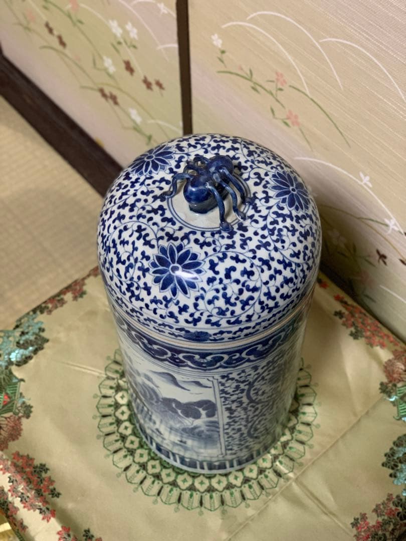 シノワズリ ビンテージ 染付 青花 在銘 山水大壷 花瓶 大甕 オリジナル