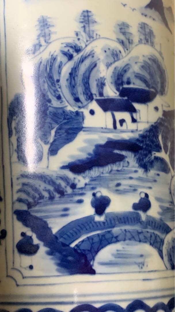 シノワズリビンテージ染付 青花在銘山水大壷花瓶大甕オリジナル蓋付き