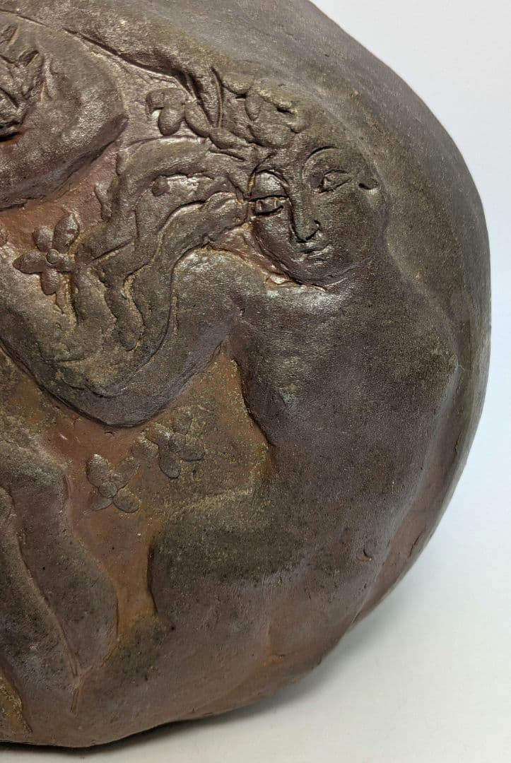 岡本錦朋 備前陶彫「平和の花園」 共箱栞 備前焼 壷花入