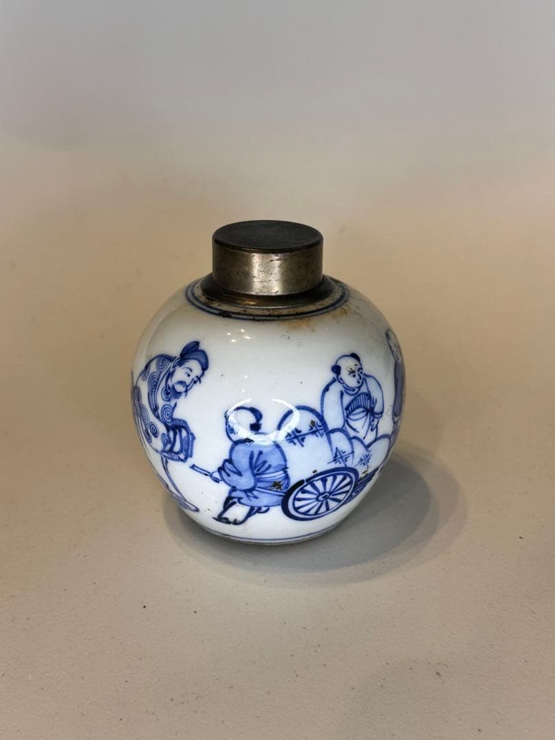 中国清代 人物染付茶葉缶 錫蓋 二重蓋 手描き 古美術 中国古