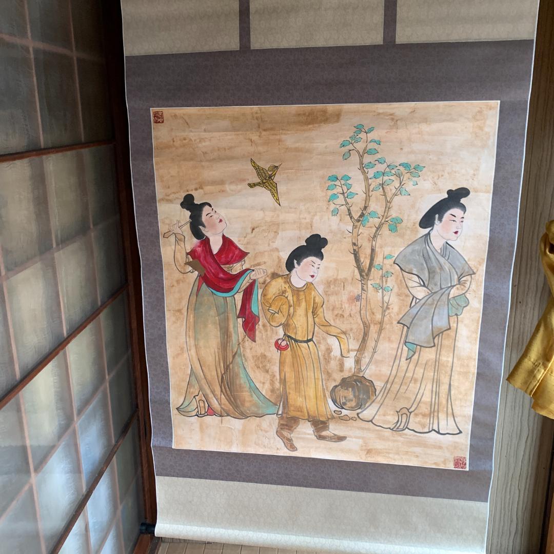 観鳥捕蝉図 作者不詳　掛け軸　和紙 観鳥捕蝉図 作者不詳 掛け軸 和紙 観鳥捕蝉図 作者不詳