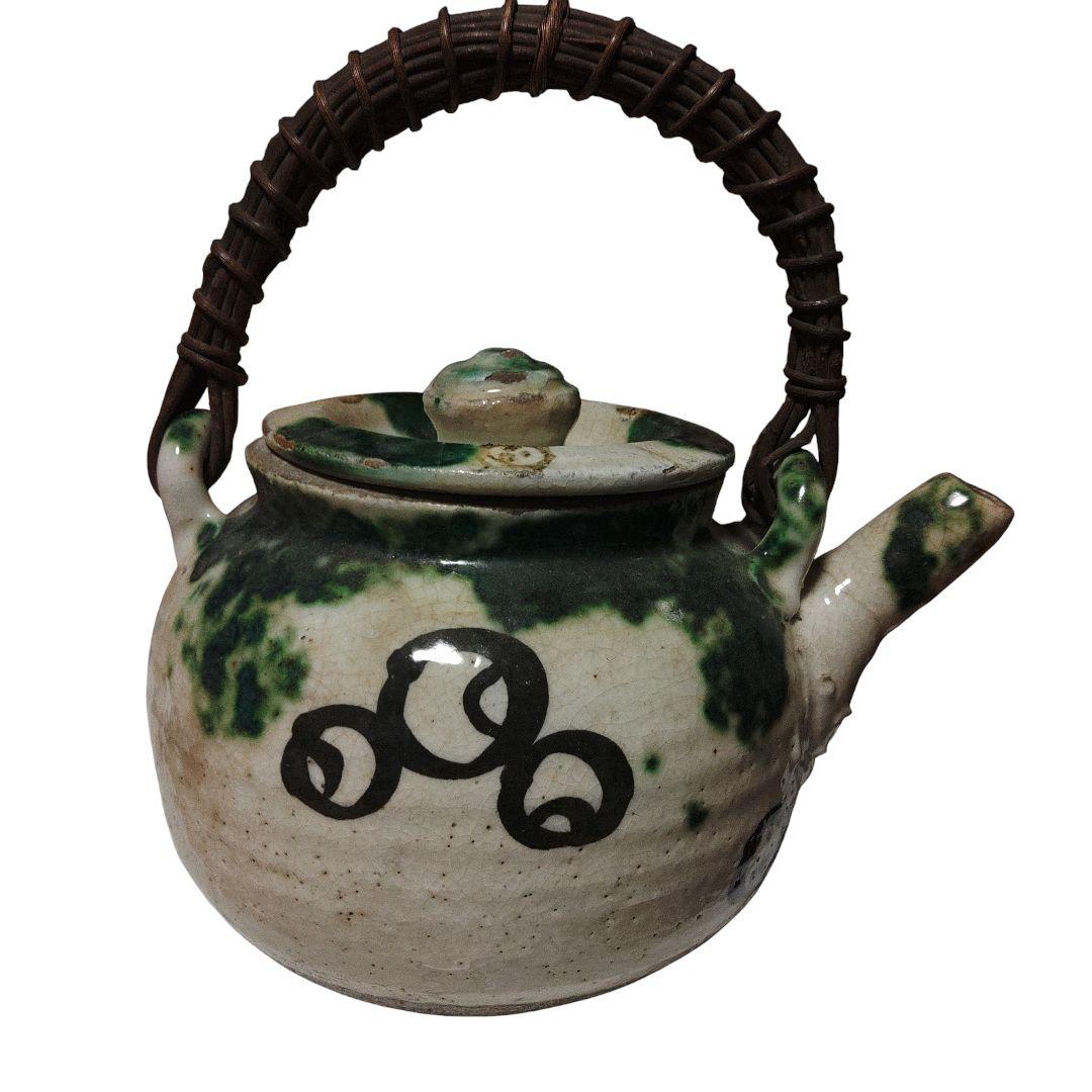 越後豊栄 太丘焼 織部釉土瓶 太丘銘 茶道