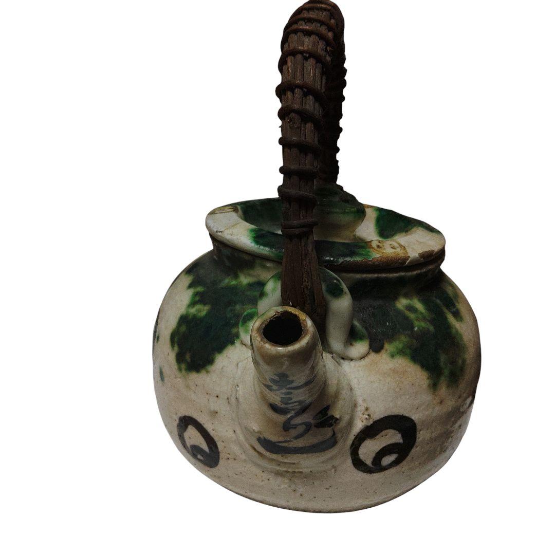 越後豊栄 太丘焼 織部釉土瓶 太丘銘 茶道