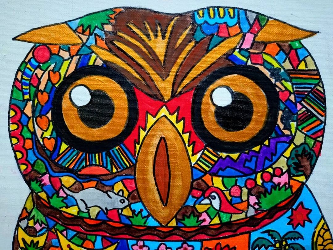 【F6号】ジミー大西【森フクロウ】手描き/表裏サイン/油彩/アクリル/絵画/額縁