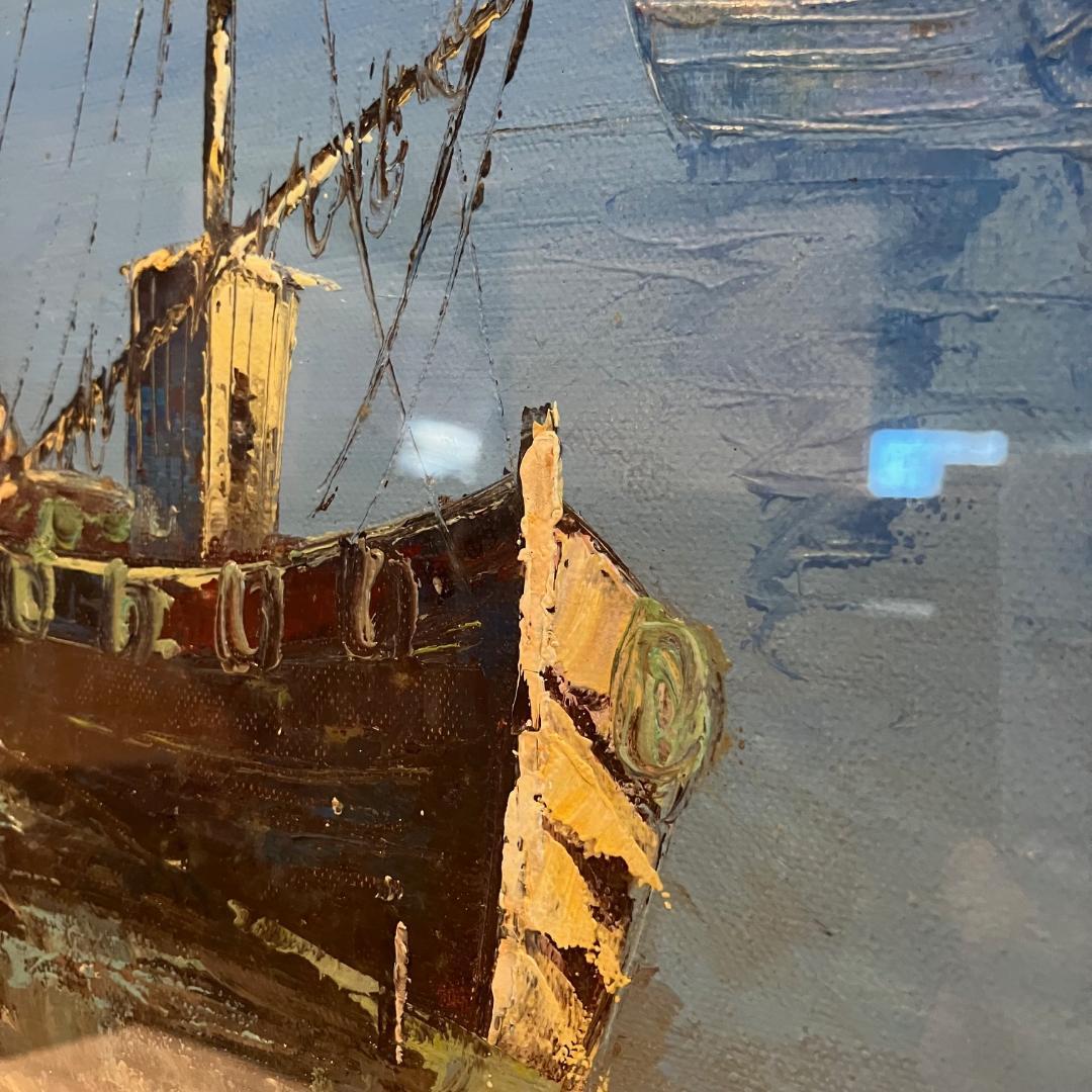 輸入品 絵画 油絵 august作 港 port 風景画 64×71.5 大