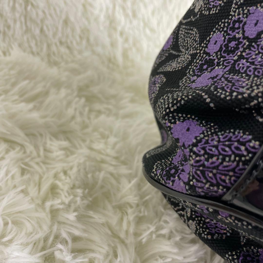 美品 ANNA SUI アナスイ ハンドバッグ がま口 花柄 紫 黒 保存袋付