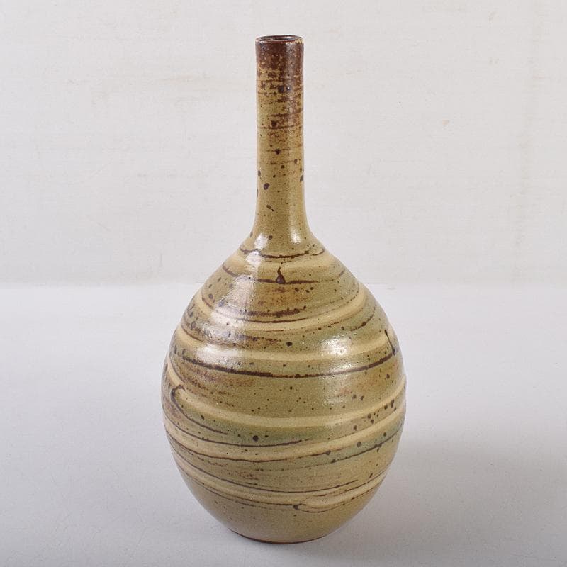 河井寛次郎作 鶴首 灰釉瓶子 共布共箱 M R8846