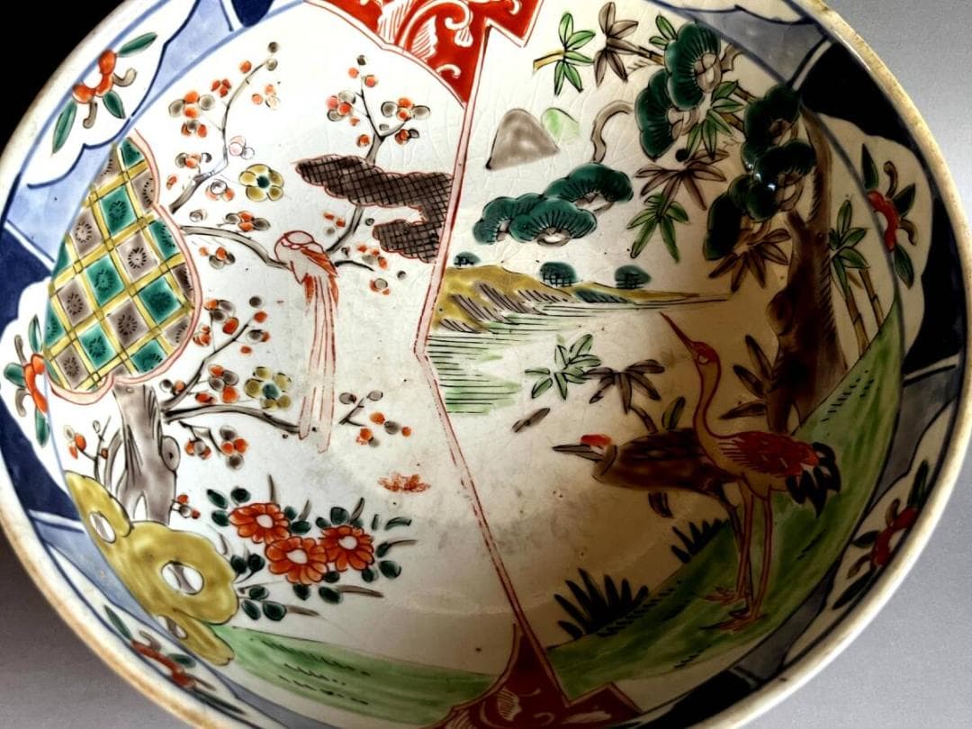 大鉢□赤絵 伊万里 錦絵 鶴亀 松竹梅 鳥 花唐草 古美術 時代物 骨董