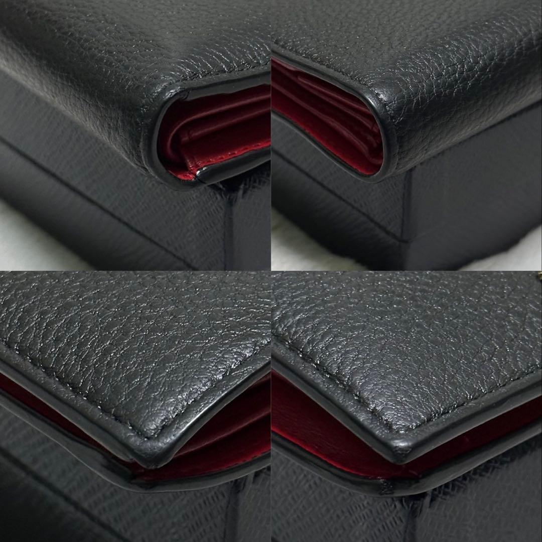 PRADA プラダ　折り財布　ゴールドロゴ　シボ革　バイカラー　赤　黒