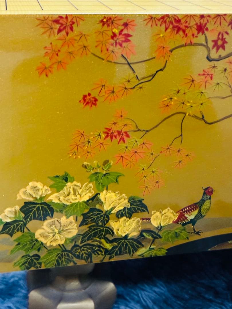 【野畑直子】作 金地漆絵四季花鳥図碁盤 碁笥 本蛤那智黒碁石 約42x45cm