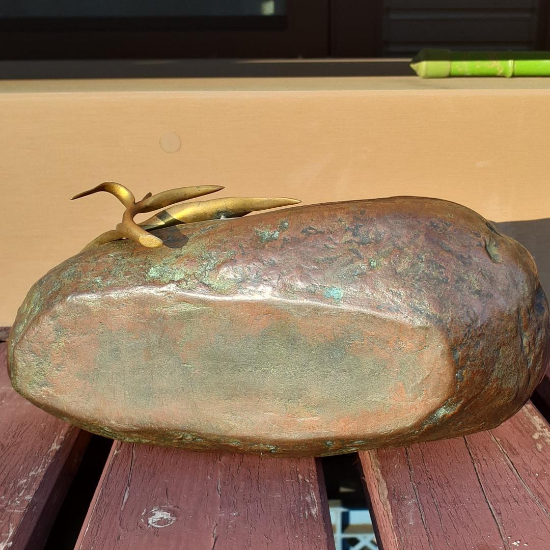 アンティーク　鋳銅製　岩上に文鳥　オブジェ　ブロンズ　時代物　コレクション